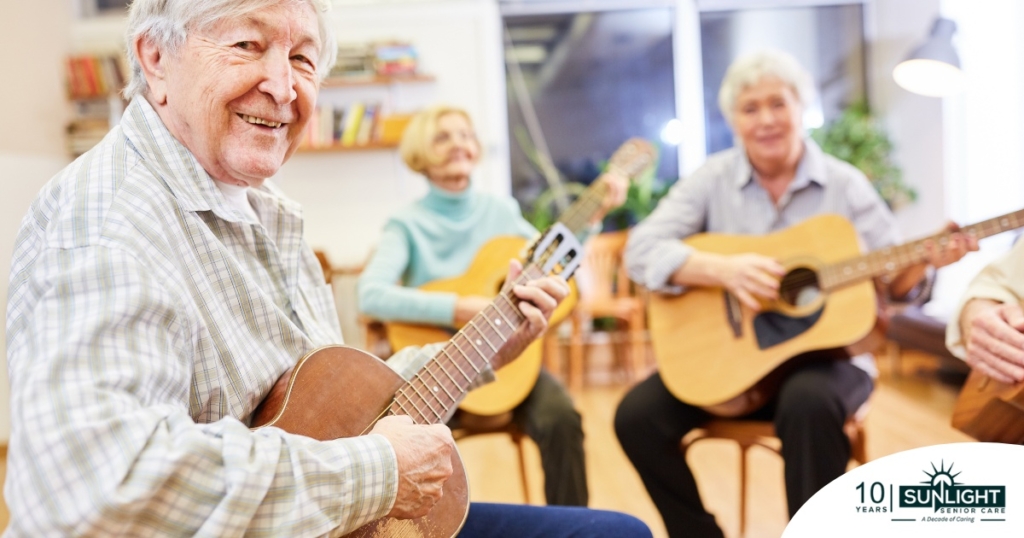 A group of seniors enjoy playing instruments together showing the impact of music for older adults.