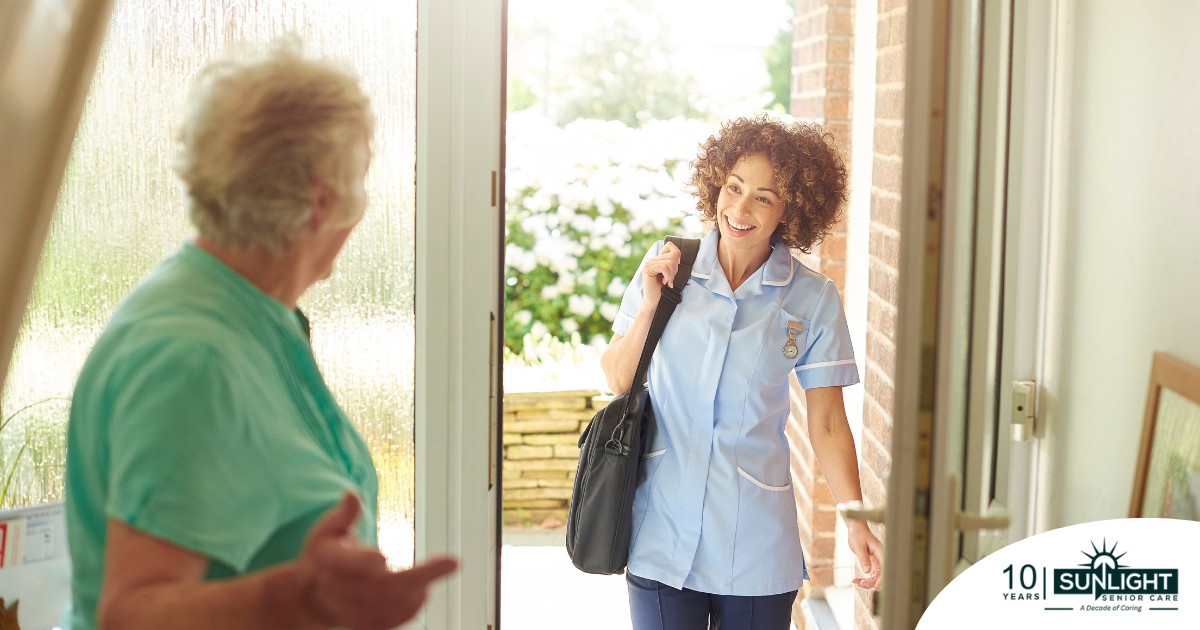 A caregiver comes in to see a client at home representing senior home care and the services offered.