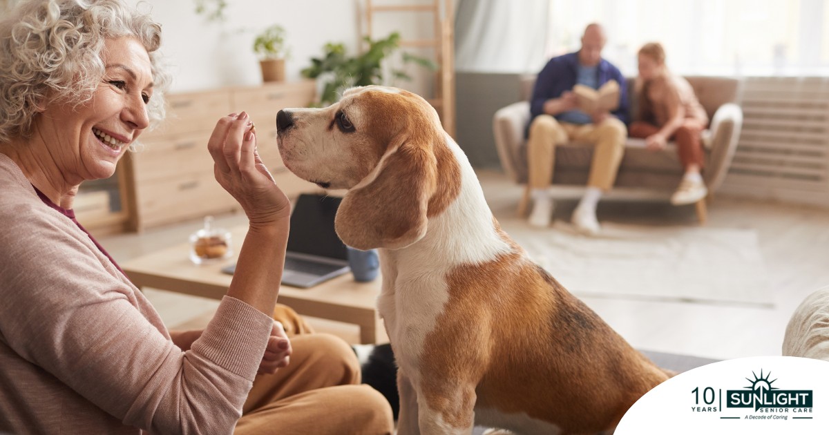 An older woman smiles while giving a dog a treat, representing the joy that dogs can bring.